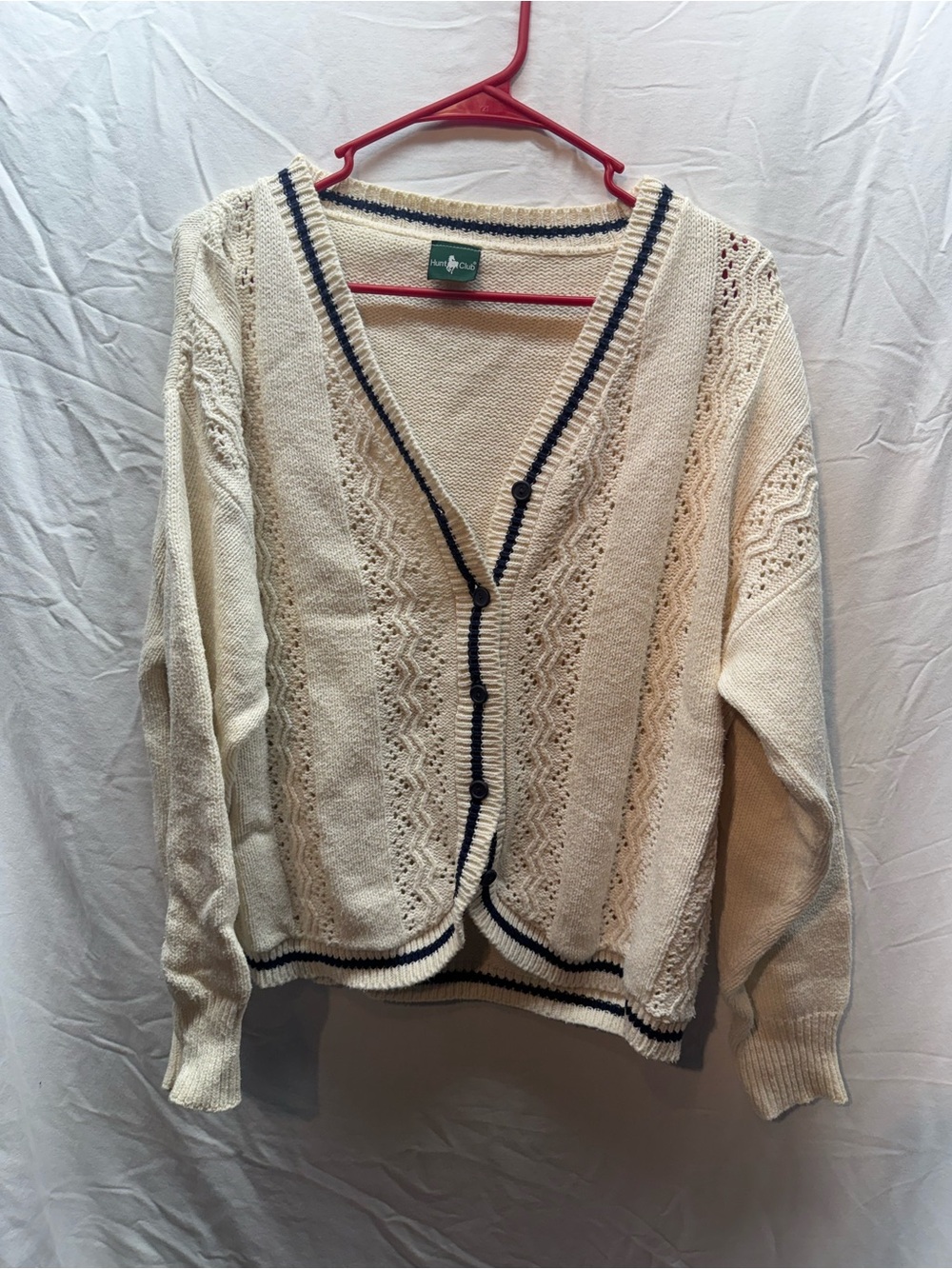 Vintage 90s Hunt Club Cream Cable Knit Varsity Cardigan Made USA